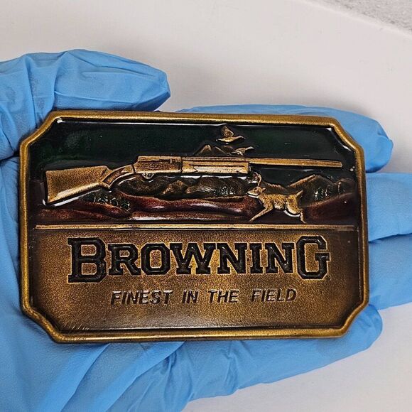 Vtg Browning Finest In The Field Belt Buckle Brass Hunting Rifle Buck Deer Rare - Picture 11 of 12